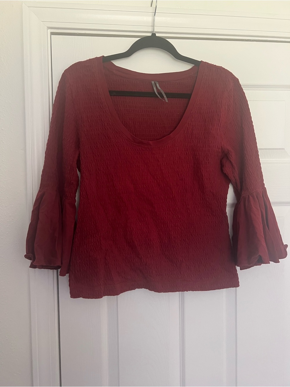 Anthropologie Women’s Burgundy Bell-Sleeve Textured Top
